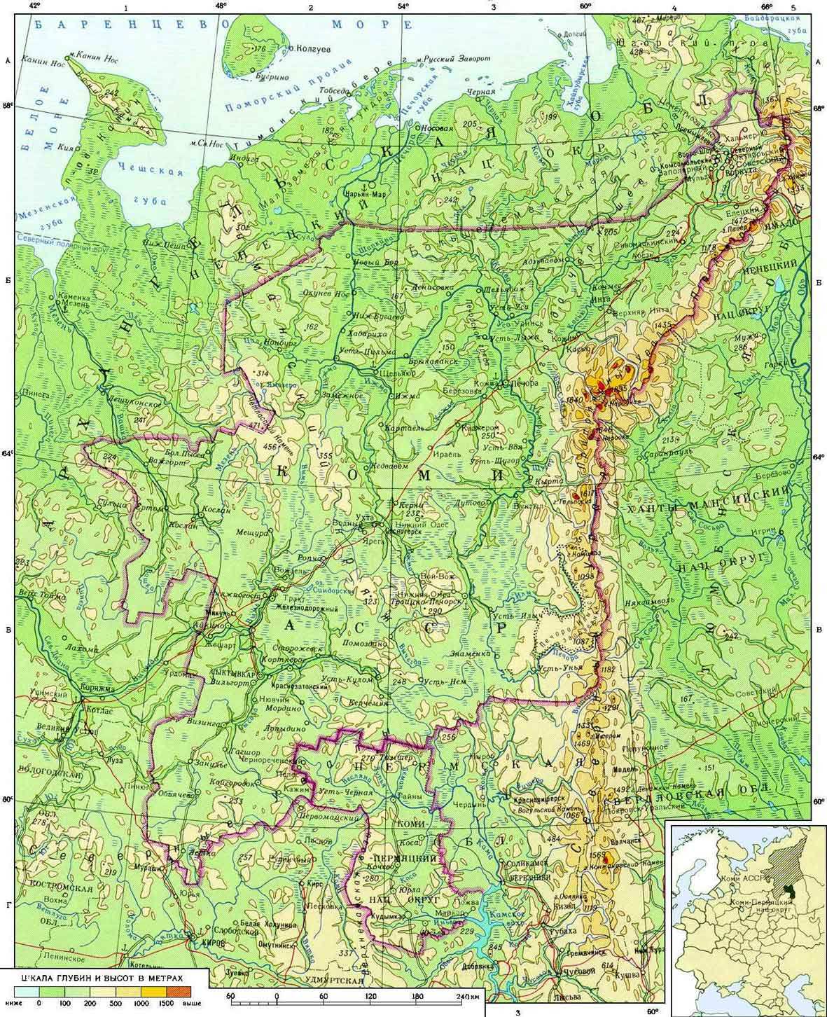 Физическая карта Республики Коми